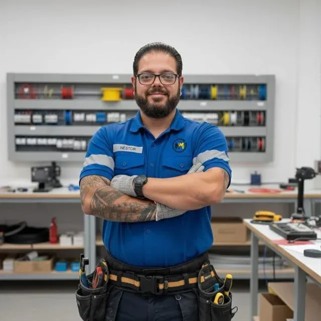 Néstor Márquez, electricista certificado de Servicios Eléctricos NM, con el uniforme de la empresa en el taller de Málaga